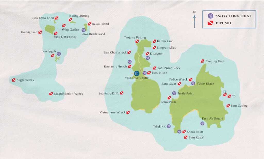 Dive sites and Snorkeling points on the Perhentian Islands.